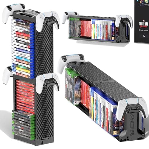 Video Game Storage Tower, Universal Game Holder Rack for PS5/PS4/ XBOX One/Series/Nintendo Switch Games Disc, Game Organizer Shelf Display Stand for Wall Mount/Desk/Floor with Controller Holder
