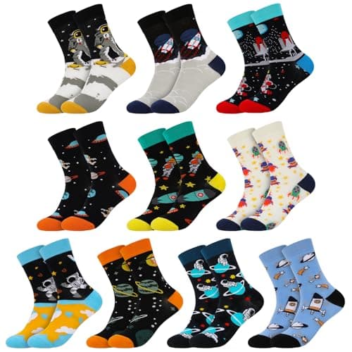 Zuimei 10Pairs Funny Socks for Men 6-11 Colourful Cotton Crew Socks, Space