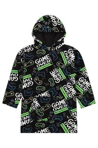 ThePyjamaFactory Boys Game Over Fully Lined Luxury Gaming Fleece Hoodie, Oversized Fleece Blanket Hoody For Kids Black