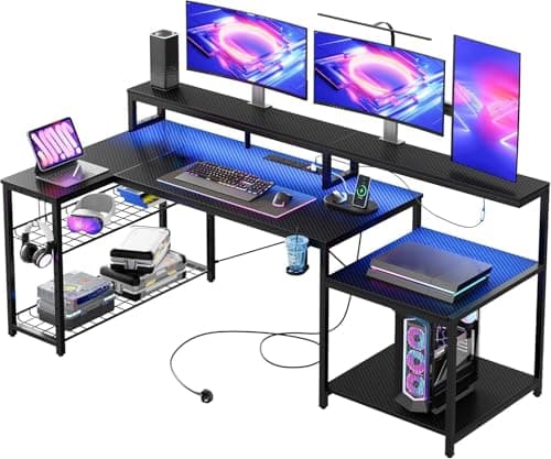 Bestier 181CM L-Shaped Gaming Desk with RGB LED Lights, Power Outlets, USB Ports, Carbon Fibre Surface, Monitor Stand, Storage Shelf, Cup Holder & Headset Hook