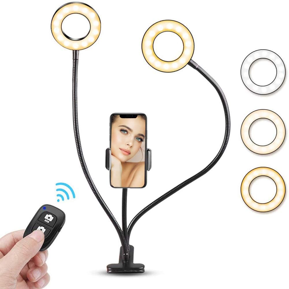 Double Ring Light with Metal Swing Arm and Clip, LED Desk Lamp 3 Color Modes 10 Brightness Levels RingLight for YouTube Video, Streaming, Makeup, Selfie Photography, Reading