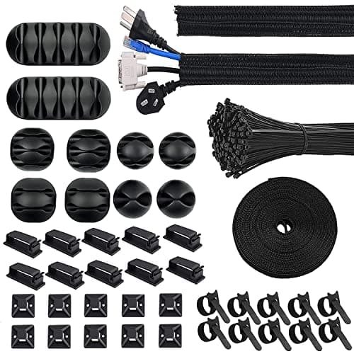 Cable Management, 142Pcs Cable Tidy Organiser for Home Office Under Desk | 1 Cable Sleeve,10 Self Adhesive Base,10 Cable Clips,10 Cable Ties,10 Cord Holder,2 Roll and 100 Wire Fastening Ties