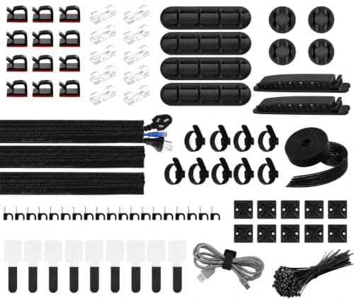 200 PCS Cable Management Kit,4 Wire Organizer Sleeve,7 Cable Holders,10 Zip Tie Mounts,37 Cable Clips,20 Cable Clip Nails,100 Cable Fastening Ties,20+2 Roll Cable Straps for Cable Management