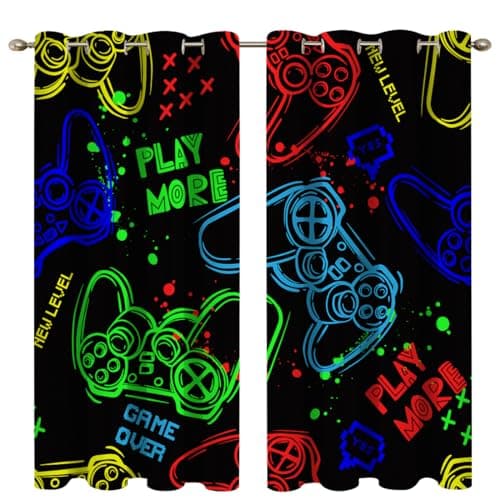 goodbath Gaming Curtains, Gamer Joystick Blackout Eyelet Thermal Insulated Ring Top Window Treatment 2 Panels for Kids Girls Boys Bedroom Nursery Living Room, 46x54 inch