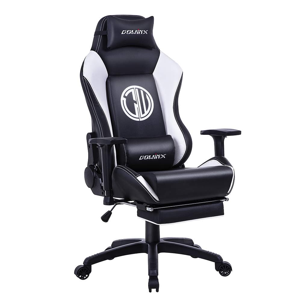 Dowinx Ergonomic Gaming Chair Racing Style Recliner with Massage Lumbar Support, Office Armchair for Computer PU Leather E-Sports Gamer Chairs with Retractable Footrest (Black&White)
