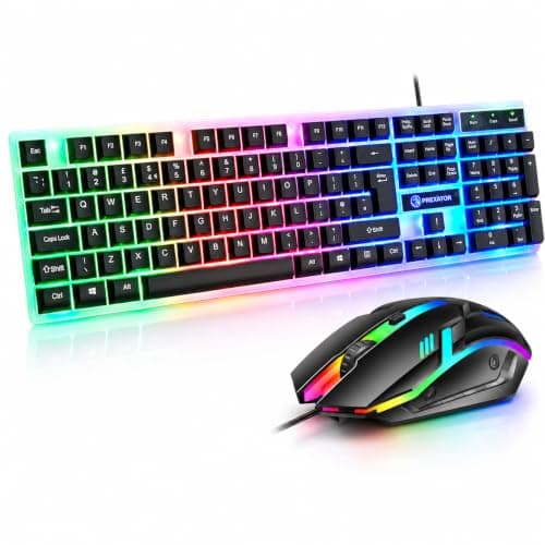 JUSTOP USB Wired Keyboard and Mouse Set, Luminous LED Lights, Full Size Slim Keyboard, LED Gaming Mouse, Game or Business, UK Layout, For PC, Laptop, Windows And Chrome OS, PS4, PS5, Xbox One etc