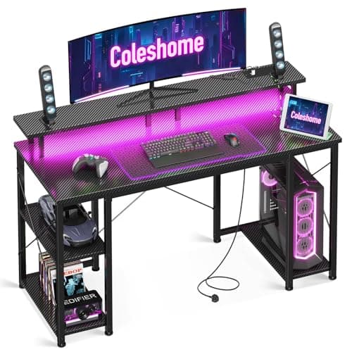 Coleshome Gaming Desk with LED Lights, 120x50 cm, Carbon Fiber Black
