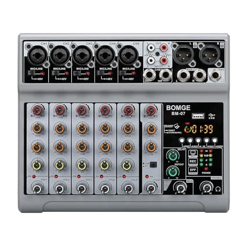 BOMGE Audio Mixer, Sound Board Mixing Console with 7 Channel Digital USB Bluetooth Echo Delay Effect, 48V Phantom Power Stereo DJ Mixers for Recording, Live Streaming, Podcasting (BM-07)