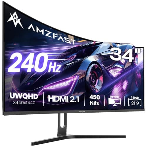 Amzfast 34 Inch Ultrawide Curved Gaming Monitor, 3440x1440 WQHD, 240Hz, 1ms MPRT, 1500R Fast VA, Adaptive Sync, HDR, 3000:1 Contrast, 130% sRGB, HDMI2.1&DP1.4, VESA 75x75mm, PIP/PBP, AMZG34C5Q Pro
