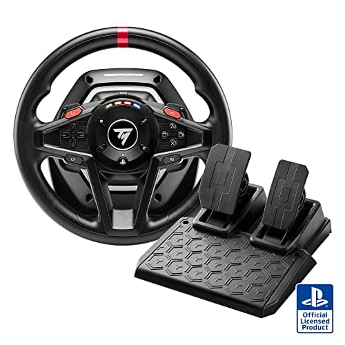 Thrustmaster T128 Racing Wheel – Hybrid Drive Force Feedback – Built-in Engine Speed LEDs – T2PM Magnetic Pedals – Official PlayStation Licensed – For PS5, PS4 and PC – Black | Magnetic paddle shifters, 900-degree rotation, hybrid drive, quick-attach desk clamp, for sim driving, farming & truck games
