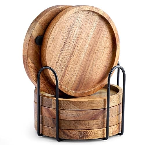 Acacia Wood Coasters for Drinks with Lip, WLWNWFT Round Drink Coasters with Holder for Coffee Table Dining Table Wooden Table Coasters for Farmhouse Desk, Set of 6