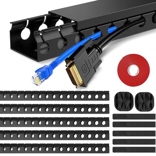 REFLYING Cable Trunking 5 Pack 1.85m Open Slot Raceway Black | Cable Concealer Kit, Hide Wires Under Desk TV Computer, Cord Cover, Wire Channel, Surface Mounted Duct