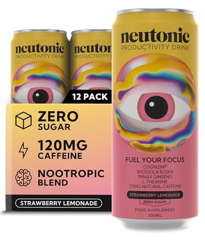 Neutonic Nootropic Productivity Energy Drink | Strawberry Lemonade 12 Cans | 120mg Natural Caffeine, Zero Sugar | Support Energy, Mental Performance, Cognitive Function | Support Focus, Brain Health