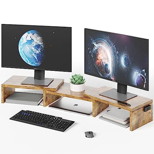 BONTEC Dual Monitor Riser, Stepless Adjustable Length & Angle, Rustic Brown