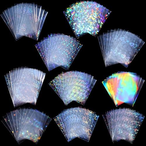 100 PCS Holographic Card Sleeves, Laser Flashing PhotoCard Sleeves Rainbow Star Heart Flower Photocard Holder