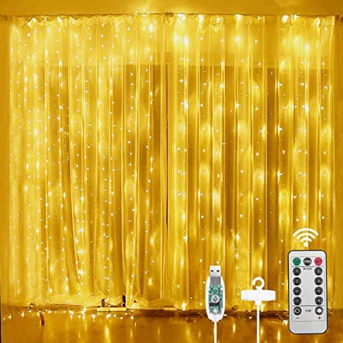 Aomig Curtain Lights, 3m x 3m 300 LED Fairy String, 8 Modes Waterproof Window USB Powered for Indoor Outdoor Bedroom Wedding Party Garden (Warm White)