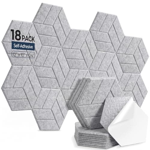 AUSLET 18 Pack Hexagon Acoustic Panels Self-Adhesive, 30x26x0.9cm High Density Sound Absorbing Panels for Walls, Soundproofing Foam Panels for Studio, Home Office, Gaming Room, Recording Room(Grey)