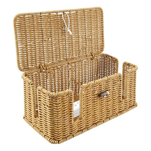 Cable Tidy Box Handmade Imitation Rattan Cable Management Box for Extension Lead 4 Open Slots Cord Hider Organiser Under Desk Socket Storage for Hiding TV Wires & Wifi Routers USB Hub 33x15x13cm