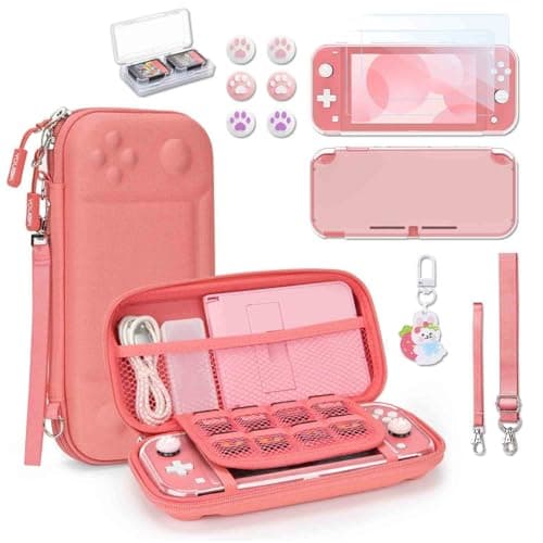 Younik Switch Lite Case, Portable Switch Lite Carrying Case, 14 in 1 Accessories Bundle with Carrying Case, Protective Cover, Game Card Case, Screen Protectors, Thumb Grips, Pendant and Straps (Coral)