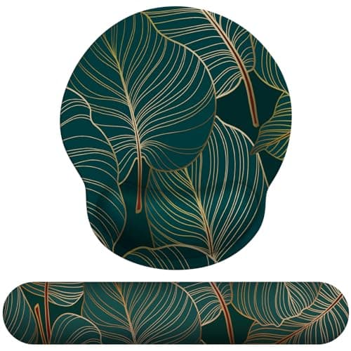 Giecy Keyboard Mouse Wrist Rest Set, Ergonomic Mouse Mat Wrist Support Pad with Non-Slip Base & Memory Foam Pain Relief for Home Office Computer Laptops, Gaming, Typing (Green Palm Leaf Set)