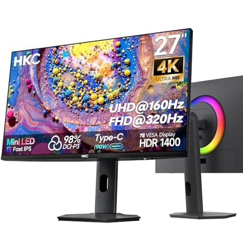 HKC 27 inch Mini LED Monitor 4k UHD IPS Gaming Monitors,Dual Mode (UHD 160Hz/FHD 320Hz),1152zone, 1ms,HDR1400,98% DCI-P3,Adaptive Sync,USB-C 90W,2×HDMI 2.1,DP 1.4,Height Adjustable Stand,VESA 100×100