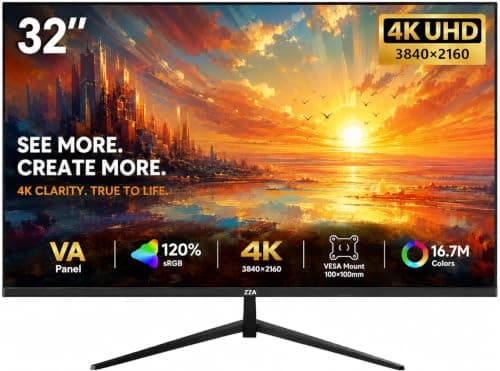 ZZA 32 Inch 4K UHD PC Monitor, 3840×2160, 60Hz, HDR10, FreeSync, VA Panel