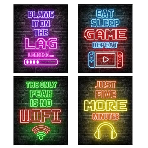 Nhemeylp Gaming Posters Set of 4, Neon Gaming Wallpaper Canvas Painting Prints for Boys Room, Unframed Gamer Wall Art for Kids Bedroom Home Decoration, 8"x10" (Pattern C)
