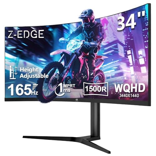 Z-Edge 34 Inch Ultrawide Curved Gaming Monitor 165Hz 1ms MPRT 21:9 3440x1440 UWQHD 1500R VA Panel, sRGB 100%, Height Adjustable, Adaptive Sync, DisplayPort (165Hz) HDMI (100Hz), PIP/PBP