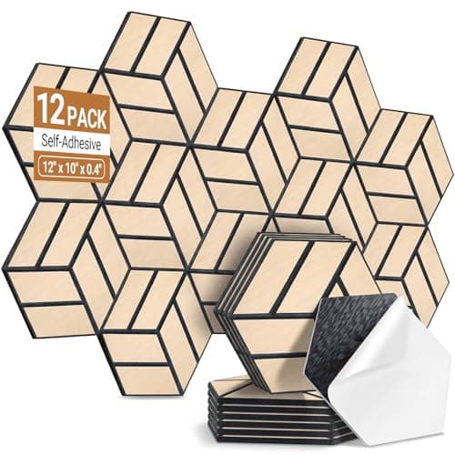 AUSLET 12 Pack Hexagon Acoustic Panels Self-Adhesive, High Density Sound Absorbing Panels for Walls, Soundproofing Foam Panels for Studio, Home Office, Gaming Room, Recording Room（Oak）