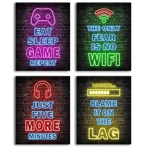 Nhemeylp Gaming Posters Set of 4, Neon Gaming Wallpaper Canvas Painting Prints for Boys Room, Unframed Gamer Wall Art for Kids Bedroom Home Decoration, 8"x10" (Pattern A)