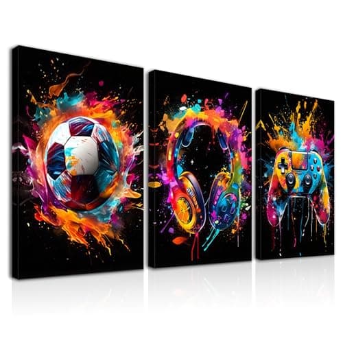 Dazzlewall 3Pcs Framed Graffiti Boys Room Wall Art, Colourful Football Headphone Gamepad Pictures for Bedroom Teens Playroom Boy Dorm Home Decor 12x16 in