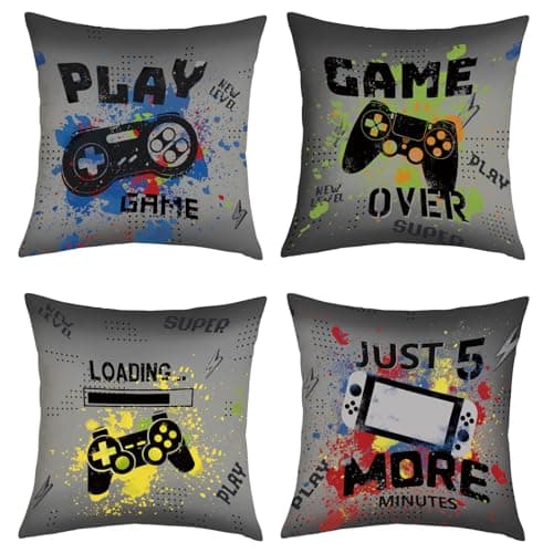 Joymaison 45x45 Pack of 4 Gamer Room Video Game Throw Pillow Cushion Covers