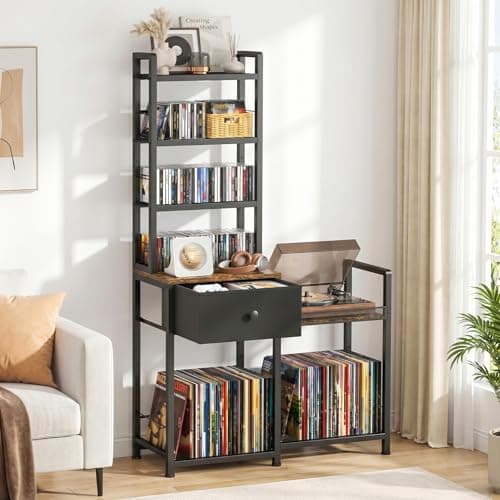 ikkle CD Rack with Vinyl Storage, 7-Tier DVD Storage Unit with Drawer