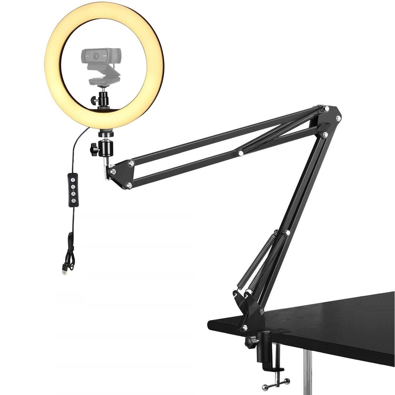 Webcam Selfie Light with Clamp Mount Stand,26cm Ring Light with Boom Arm Holder Compatible with Logitech C920 StreamCam C922 C930e C925e C615 Brio 500 300 100 4K webcams