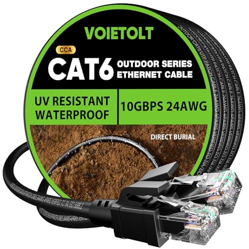 VOIETOLT Outdoor Cat 6 Ethernet Cable 60m, Water Resistant Direct Burial LLDPE UV Jacket - 24AWG 10Gbps High Speed Gigabit Internet Network Cable - CCA, UTP with 80 Ties - Black