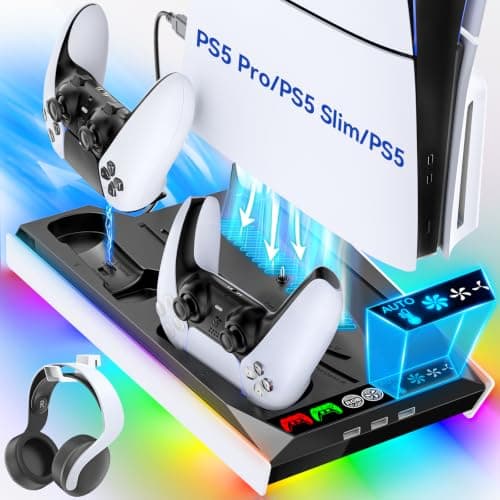 PS5/PS 5 Slim/PS5 Pro Cooling Stand with Auto Turbofan & 3-Level Speeds, P5 5 Cooling Station with Controller Charger, Charing Station for All Playstation 5 Console, PS Five/ Slim/ Pro Pro Accessories