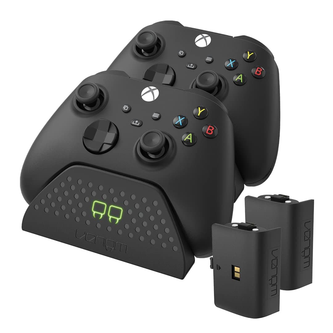 Venom Twin Charging Dock with 2 x Rechargeable Battery Packs - Black (Xbox Series X & S/Xbox One) | xbox twin charging dock, 2 rechargeable battery packs, series x, series s, xbox one, LED indicator, black