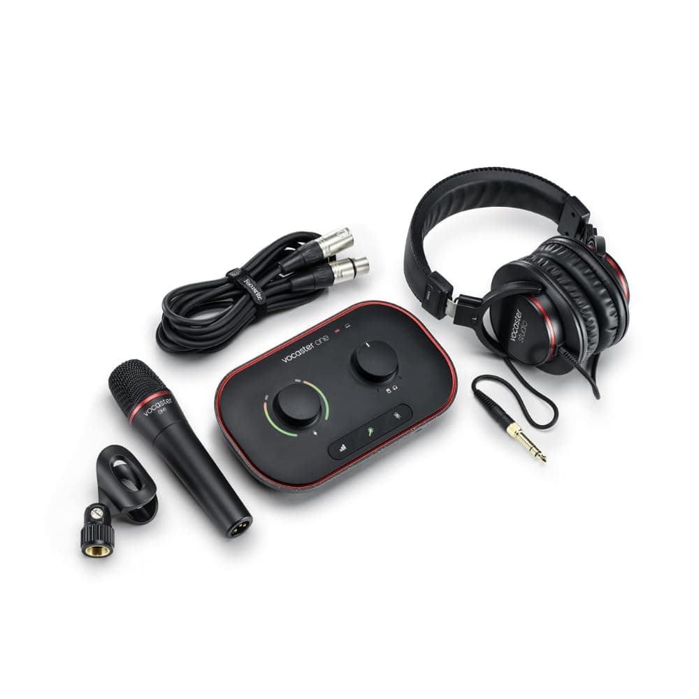 Focusrite Vocaster One Studio — Podcasting Interface Recording as a Solo Creator, Quality DM1 Mic & HP60v Headphones. Use Auto Gain, Enhance, Mute Easy Podcasting, Black