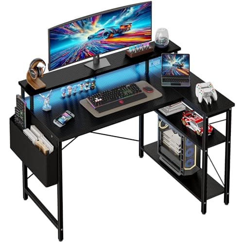 Grandder 100cm Reversible L-Shaped Gaming Desk with Power Sockets & LED Lights, Carbon Fibre Computer Table with Long Monitor Stand, 2-Tier CPU Storage Shelves & Side Pouch, Black