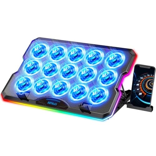 AIMIUZI Laptop Cooling Pad, Gaming Laptop Fan Cooler with 15 Quiet Fans for 12-17.3 Inch Notebook, Slim Portable RGB Laptop Cooling Stand with 7 Height Adjustable,2 USB Ports, Phone Stand