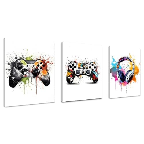 Kepuarm 3 Pcs 16" x12'' Framed Gaming Room Decor Canvas Wall Art Video Game Art Prints, Gaming Theme Watercolor Posters Prints for Boys Kids Teen Game Room Bedroom Playroom Wall Decor (12x16inch)