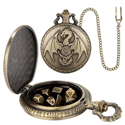 Mini DND Dice Set with Steampunk Dragon Pocket Watch Case, 7-Piece Polyhedral Metal D&D Dice Set, DND Gifts with Gift Box, Greeting Card, Role Playing Board Game Accessories Dice, Bronze