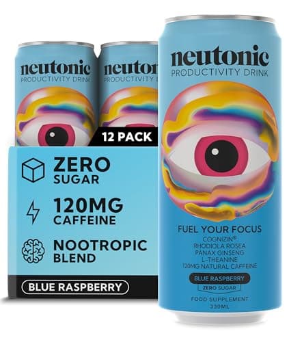 Neutonic Nootropic Productivity Energy Drink | Blue Raspberry 12 Cans | 120mg Natural Caffeine, Zero Sugar | Support Energy, Mental Performance, Cognitive Function | Support Focus, Brain Health