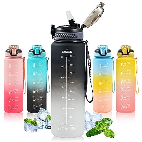 SEASEVEN Sports 1L Water Bottle with Straw for Gym,Office(Black-Grey)