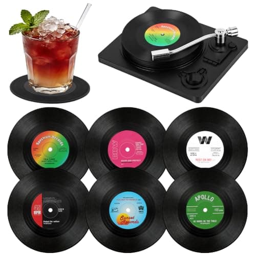 AOOWU Black CD Record Coasters, 6 Pack Funny Retro Vinyl Record Coasters with Player, Music Coasters Set for Drinks, Bars, Cafes, Home, Party, Office, Gifts for Music Lovers, Birthday Gifts for Men