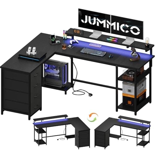 JUMMICO 155cm L‑Shaped Gaming Desk with Monitor Shelf & Power Outlets, Reversible Corner Computer Desk with Drawers & Storage Shelves for Home Office, Sturdy Steel Frame with LED Lights, Carbon Black