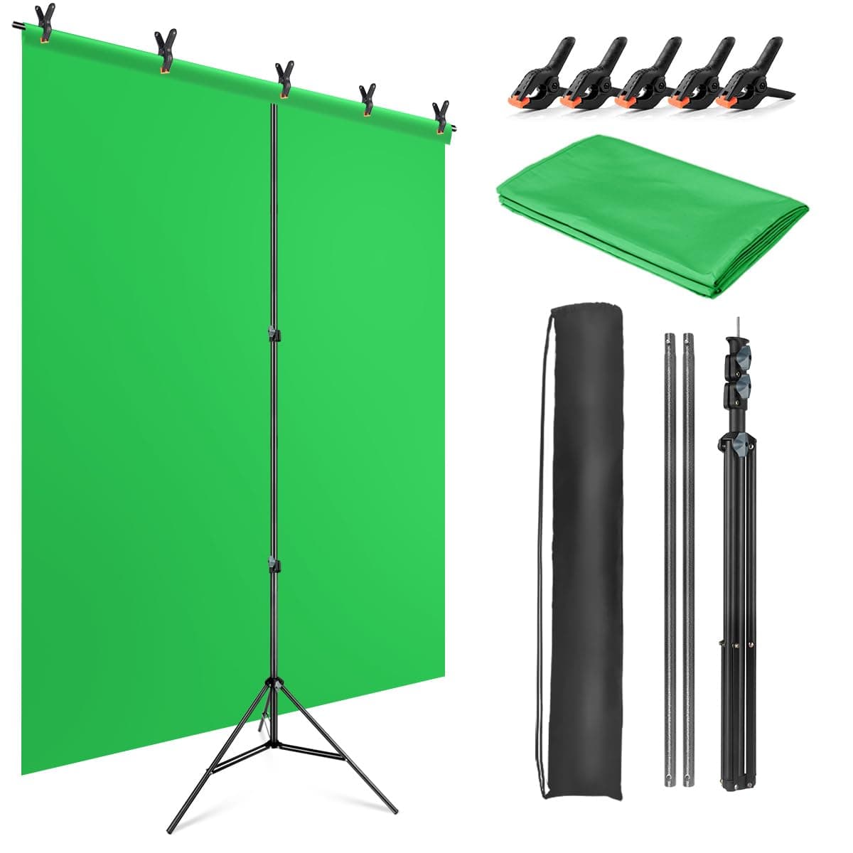 JEBUTU Green Screen Background with Stand, 1.5m x 2m Backdrop Stand Kit | Adjustable, with 5 Spring Clamps & Carry Bag | Greenscreen Backdrop Kit for Photo Studio, Streaming, Chroma Key