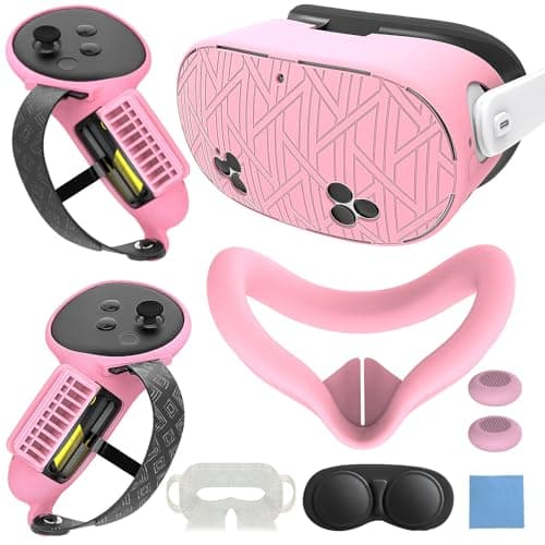 MTomatoVR Silicone Cover Set for Quest 3s Accessories Included Battery Opening Controller Grips, VR Silicone Shell Headset Cover, Face Cover, Lens Cover, for Meta Quest 3s, Pink
