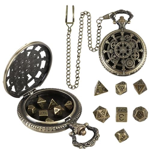 7Pcs Mini DND Dice Set with Steampunk Pocket Watch Shell Case Polyhedral