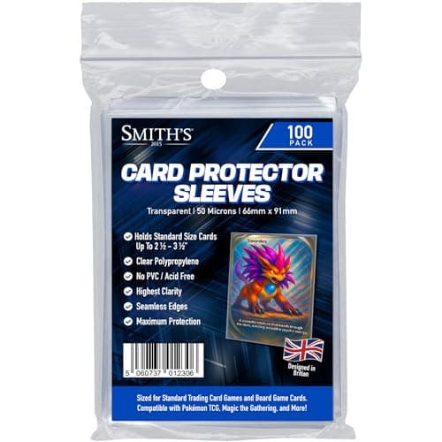 Smith’s® Standard Trading Card Sleeves | 100 Pack | Size: 66x91mm | 50 Micron | Ultra-Clear | Compatible with Pokemon TCG, Magic: The Gathering, Yu-Gi-Oh!, Board & Sports Cards | Acid & PVC-Free